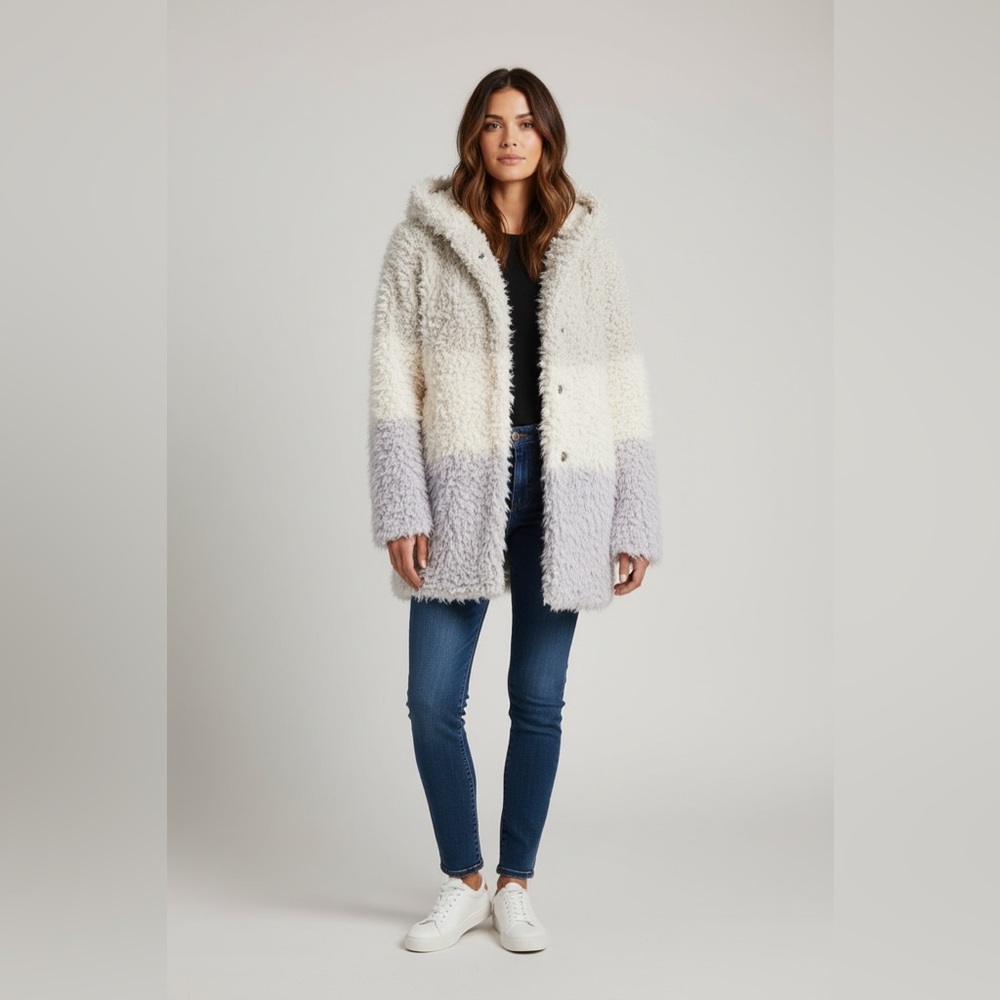 Lola Made in Italy Shaggy Fuzzy Hooded Coat – Ivory Gray Ombré – Size S